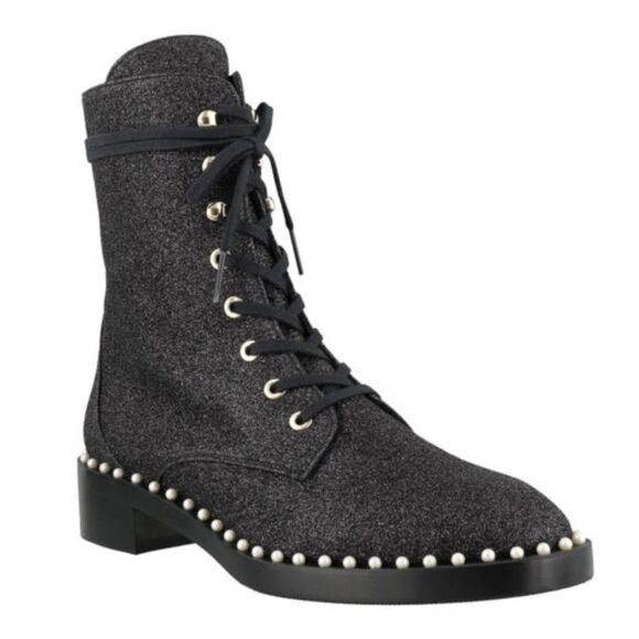 Stuart Weitzman|Sondra Bead Embellished Black Glitter Combat Boots, 6 - Picture 2 of 16